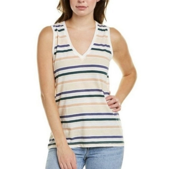 Madewell Whisper Classic Cotton Striped Sleeveless V-neck Tank Top Ivory Medium - Picture 11 of 11